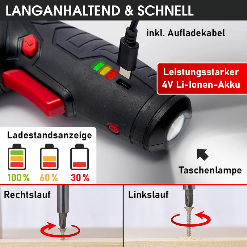 BRAST® Akkuschrauber Akku Bohrschrauber | 4,0V / 2Ah Li-Ion-Akku | 54 Chrom-Vanadium-Bits | schwenkb