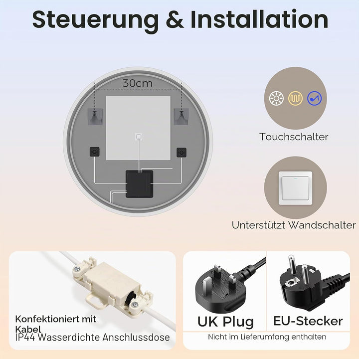 STARLEAD 60cm Runder-Badspiegel-mit-Beleuchtung, Bluetooth, Dimmbar, 3 Farbtemperatur, Entfoggen, Sp