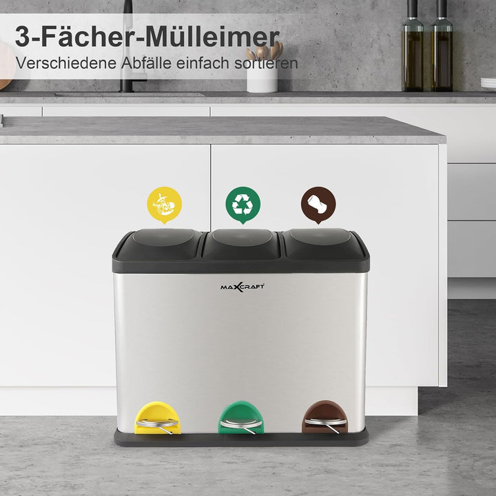 MAXCRAFT Mülleimer Treteimer Abfalleimer Müllstrennsystem 3 Fächer mit Inneneimer Mülltrenner aus Ed