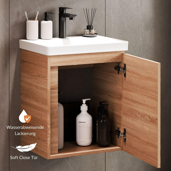 Planetmöbel Waschbeckenunterschrank mit Keramikwaschbecken & Spiegelschrank 50cm in Sonoma Eiche, mo