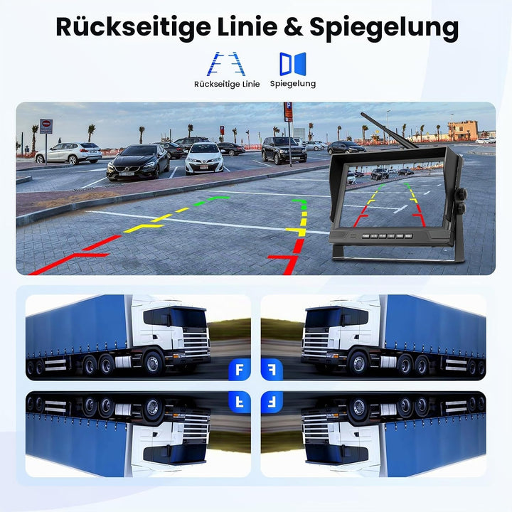 Hodozzy Rückfahrkamera Kabellos Set, 9 Zoll IPS Monitor mit Toter-Winkel-Warnung, Wasserdicht, Weitw