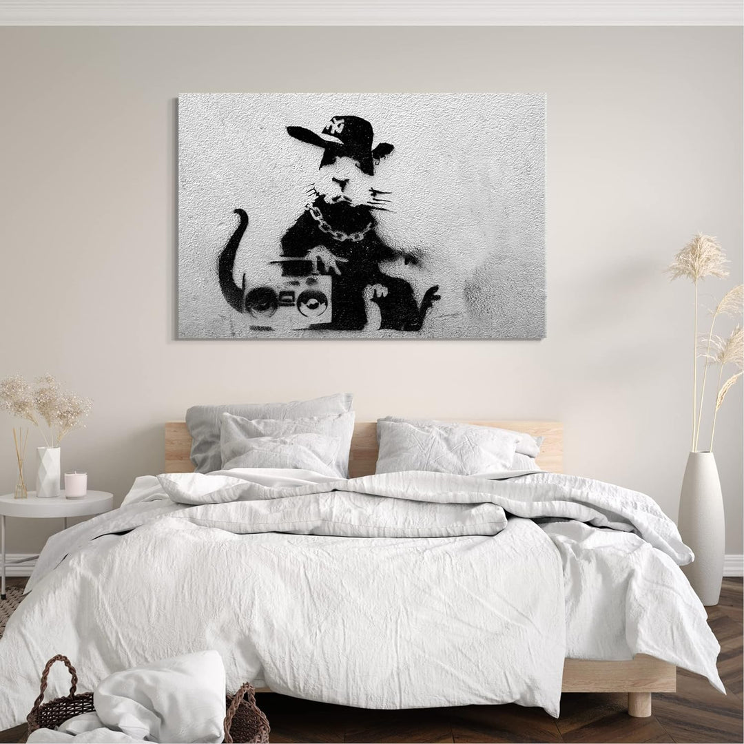 Printed Paintings Leinwand (80x60cm): Banksy - Ratte mit Ghettoblaster Rat Graffiti Kunst Street 80x