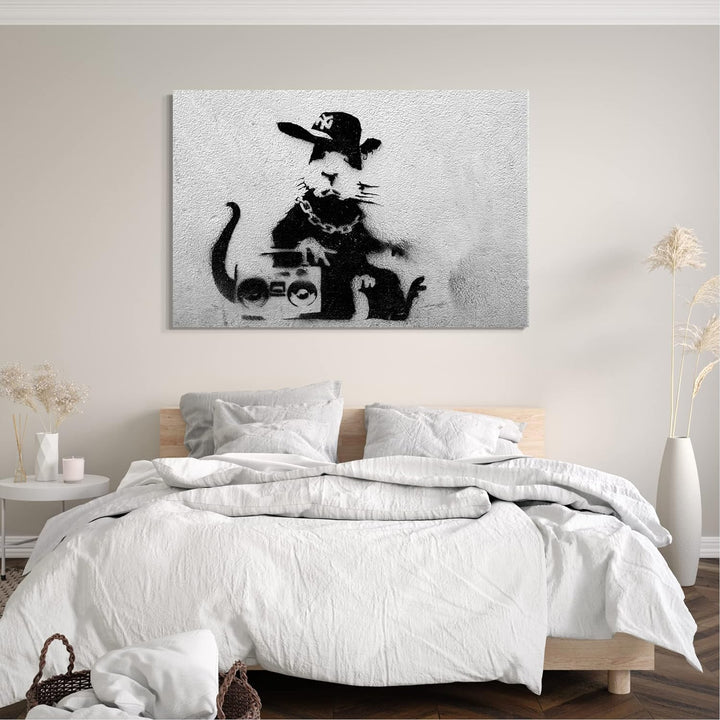 Printed Paintings Leinwand (80x60cm): Banksy - Ratte mit Ghettoblaster Rat Graffiti Kunst Street 80x