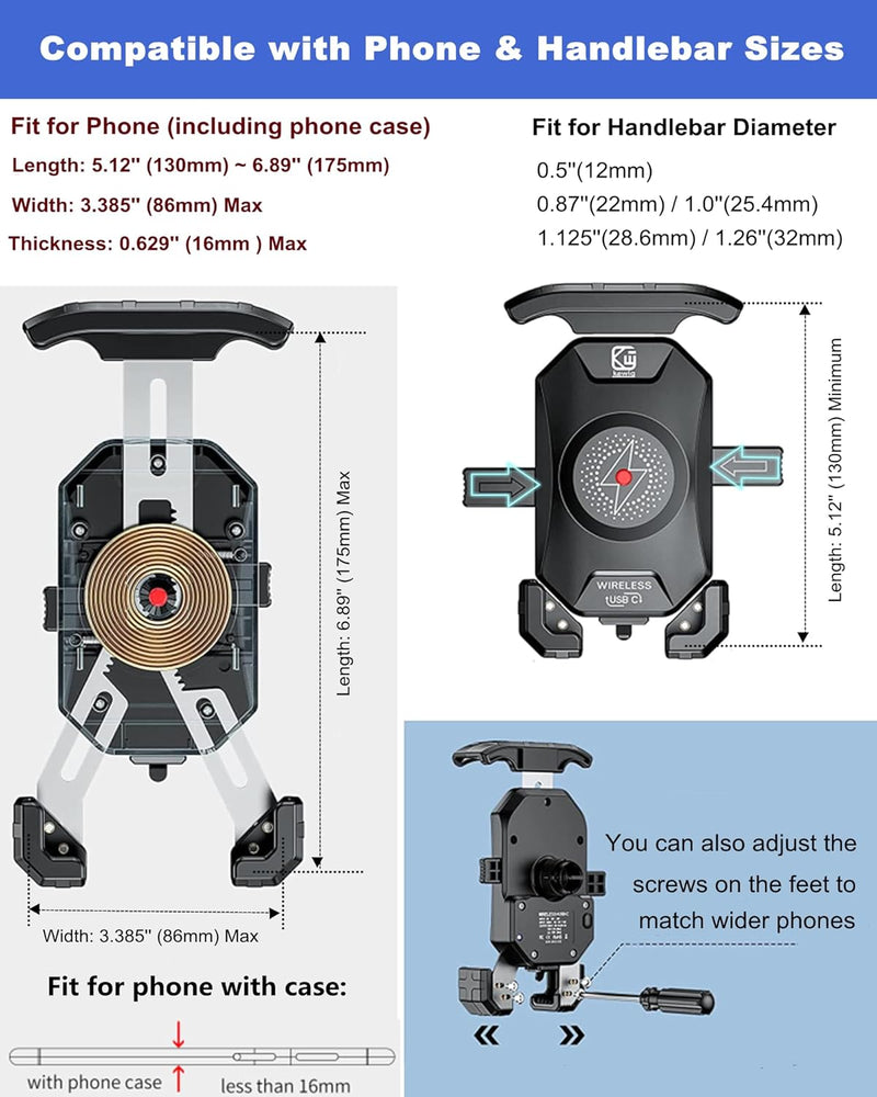 Motorrad Handyhalterung mit Qi 15W kabellosem Ladegerät und USB-C 20W Ladeanschluss, BRCOVAN EIN-Kno