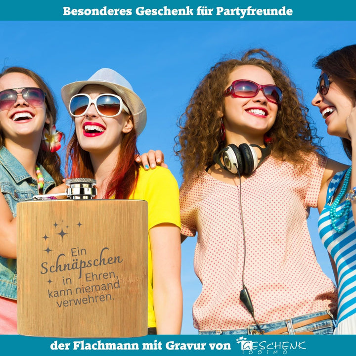 Ein Schnäpschen in Ehren - Edelstahl-Flachmann mit Bambus Ummantelung 175ml - Gravur Geschenkidee mi