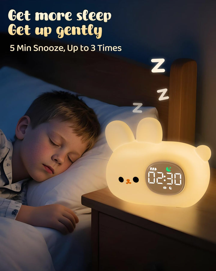 Yiliaw Hasen Kinderwecker mit Nachtlicht – Schlaftrainer & Aufwachuhr, wiederaufladbare Silikonlampe