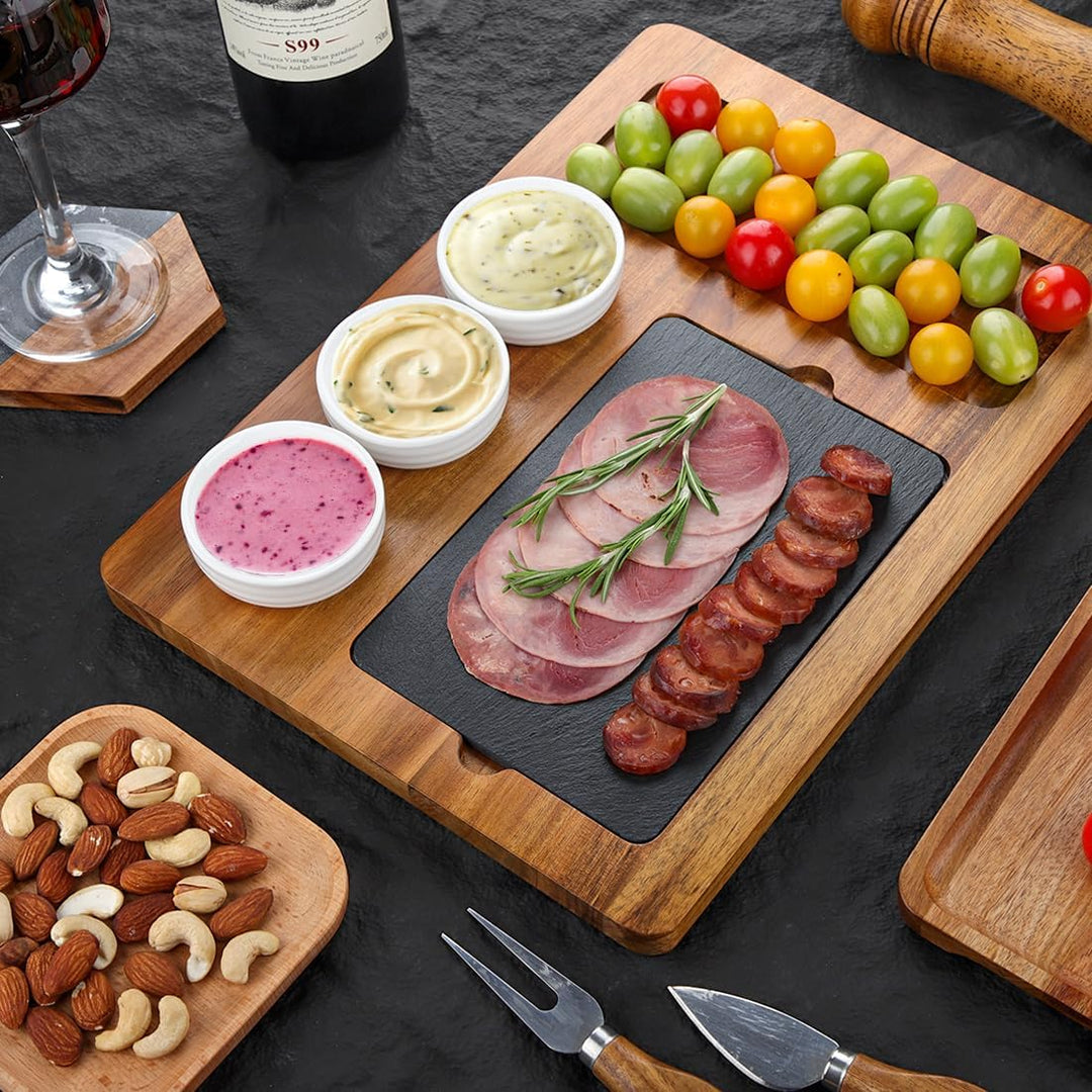 Servierplatte aus Akazienholz mit 3 Keramikschale, Rustikale Käseplatte, Steakplatte, Grillplatte, S