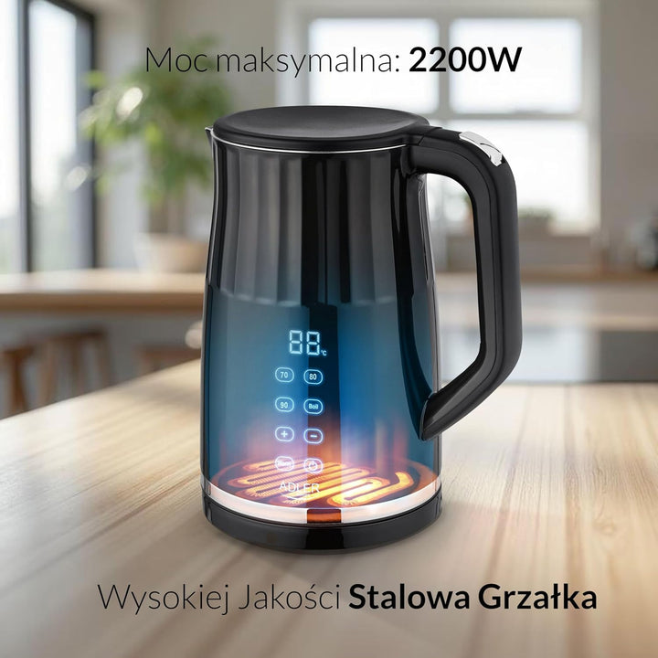 Adler AD 1350 Wasserkocher 1,7 l mit Temperatureinstellung 40-100°C 2200W, 2h Warmhaltefunktion, Dop