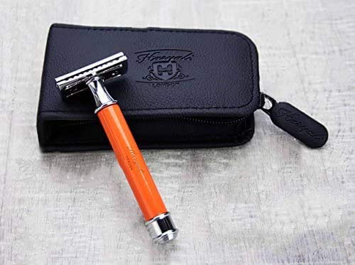 Orange 3 Stück Classic Rasierhobel - Perfekt für Deep Clean Shave. Kommt in einer Leder-Mäppchen/Tas