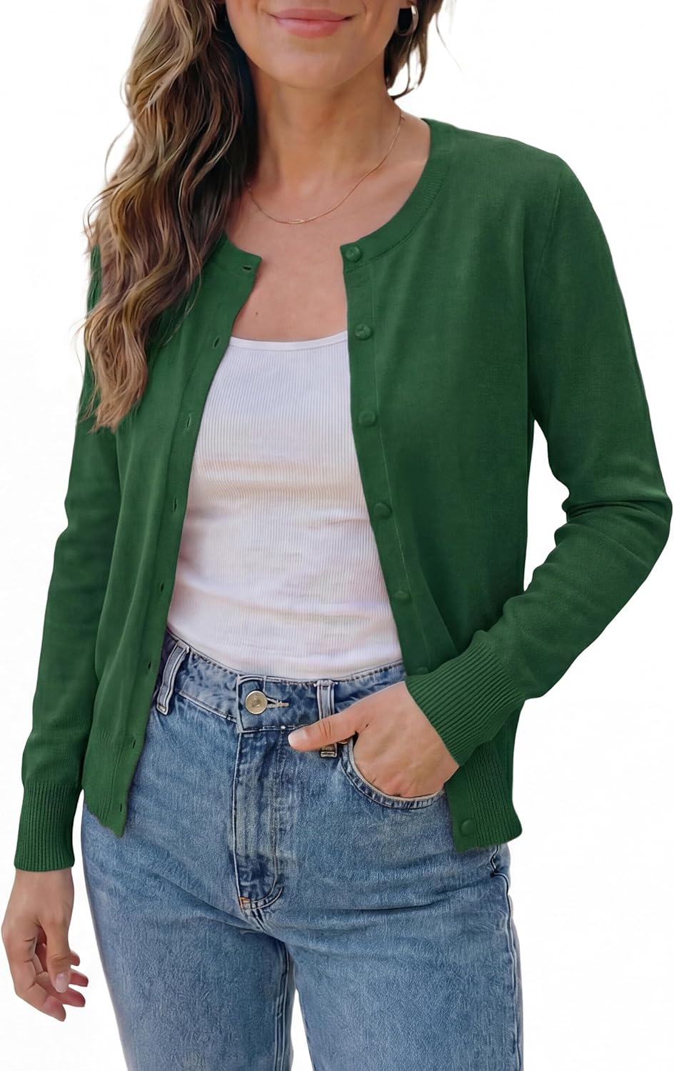 VOTEPRETTY Leichter Strickjacke Damen Cardigan Kurzarm/Langarm Sommer Solid Top Langarm L Grün, Lang