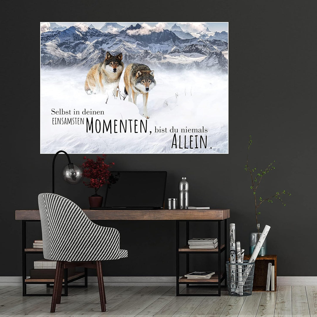 wandmotiv24 Poster als Wanddeko, Grösse 100x70cm, Wolfsrudel, Niemals allein, Wölfe, Wolf, Berge, Ti