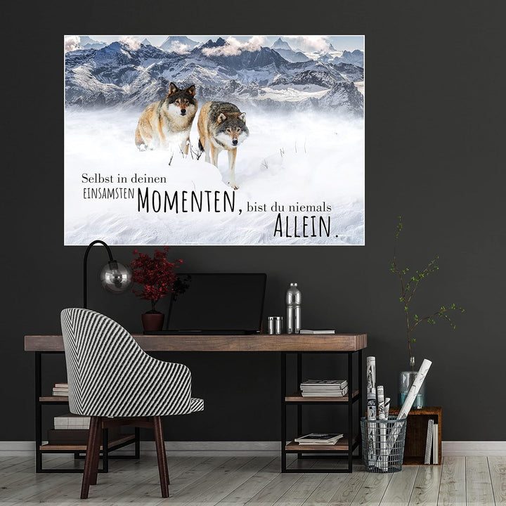 wandmotiv24 Poster als Wanddeko, Grösse 100x70cm, Wolfsrudel, Niemals allein, Wölfe, Wolf, Berge, Ti