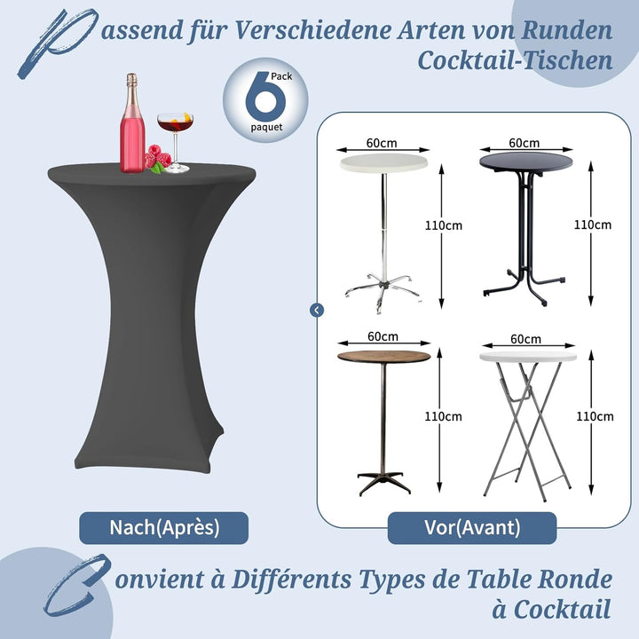 6er-Set Grau Stretch Stehtisch Husse für Bistrotisch Ø60-65 cm Spandex Stretch Tischdecke, Verstärku