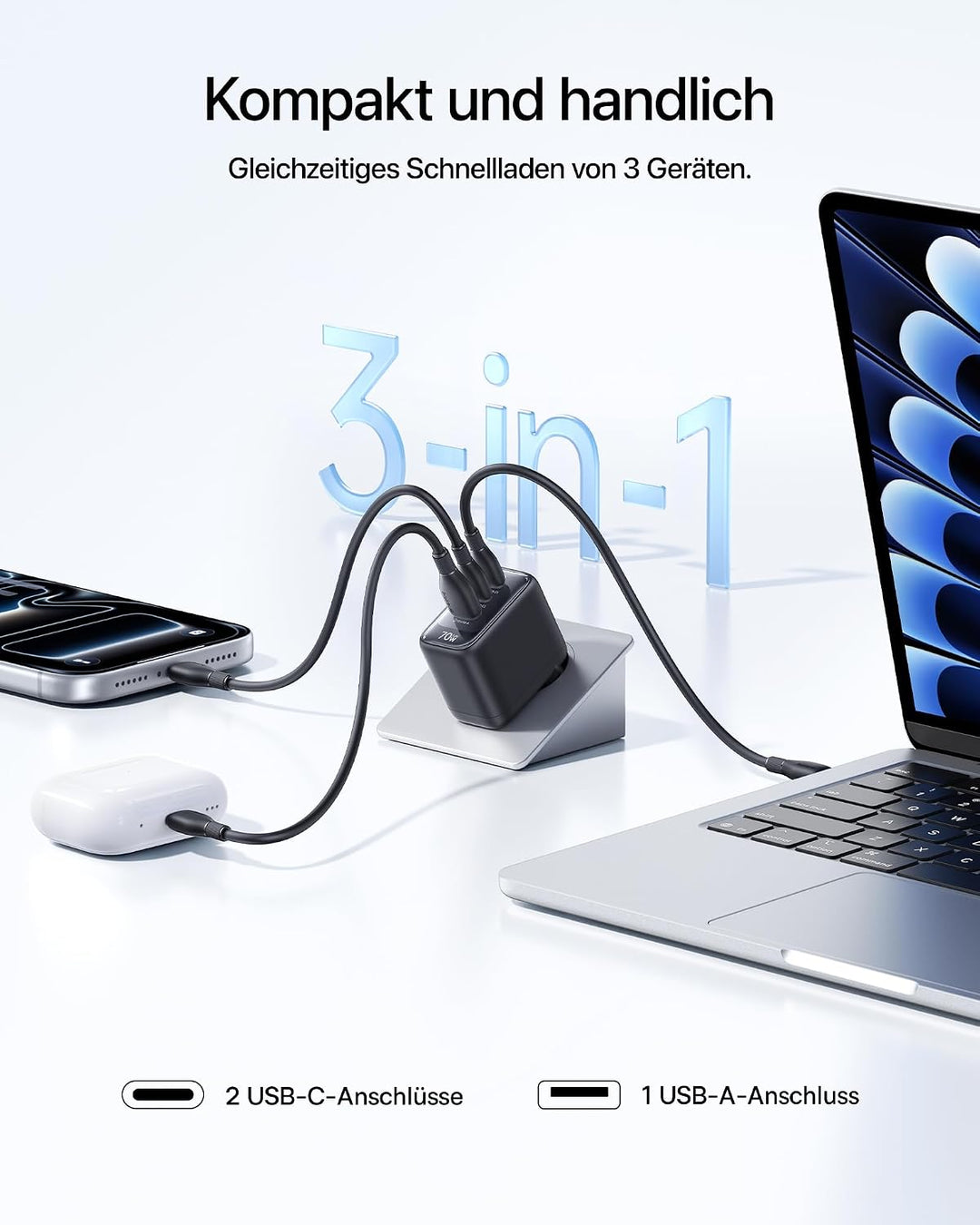 Baseus Enerfill 70W USB C Ladegerät, 2Pack 3-Port GaN6 Schnellladegerät, kompaktes Netzteil für MacB