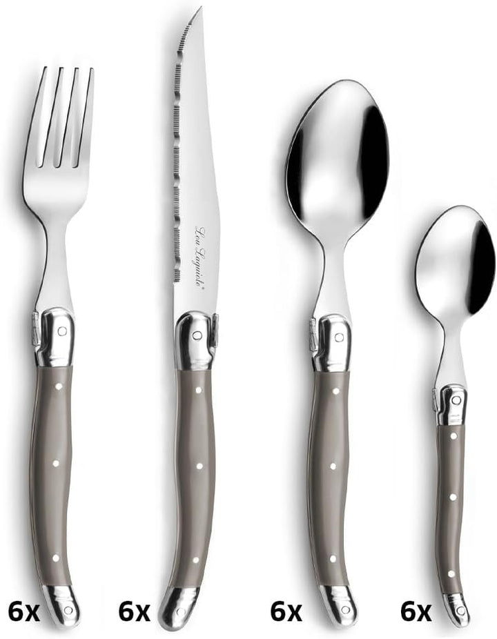LOU LAGUIOLE TRADITION Steakmesser Besteck Set 24-teilig | Steakbesteck mit Tradition und Stil | Gri