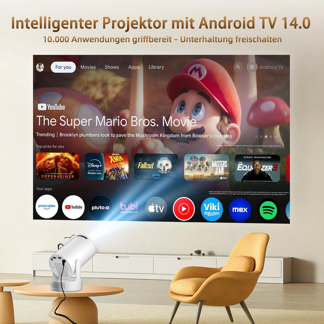 Mini Beamer 4K Unterstützt,Auto Trapezkorrektur mit WiFi 6 BT,Smart Projektor 4K FHD 1080P Unterstüt