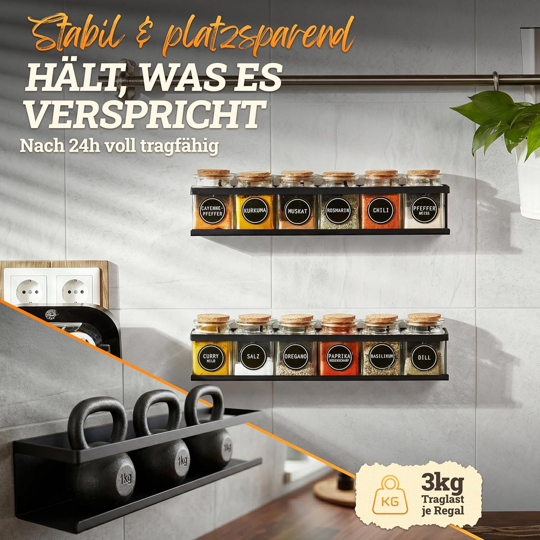 LIKAYA® Gewürzregal 2er Set aus schwarzem Metall mit 3M™ Klebepads für zB unsere Gewürzgläser (2x6 S