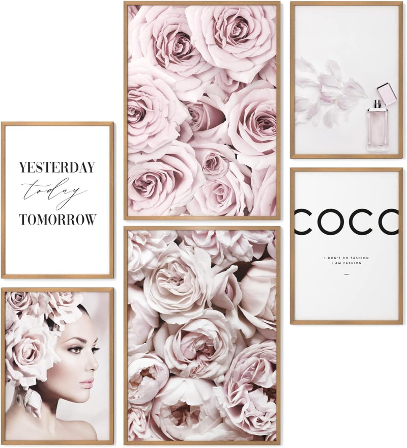 Papierschmiede® Mood Poster Set Coco Flowers, Fertiges Bilder Set mit Rahmen (Holz, Natur), Wohnzimm