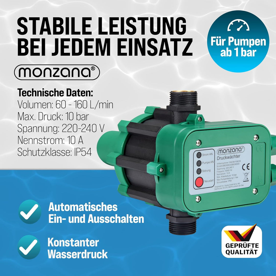 MONZANA® Druckwächter Druckschalter mit Kabel 10 Bar Gartenbewässerung Pumpensteuerung Hauswasserwer