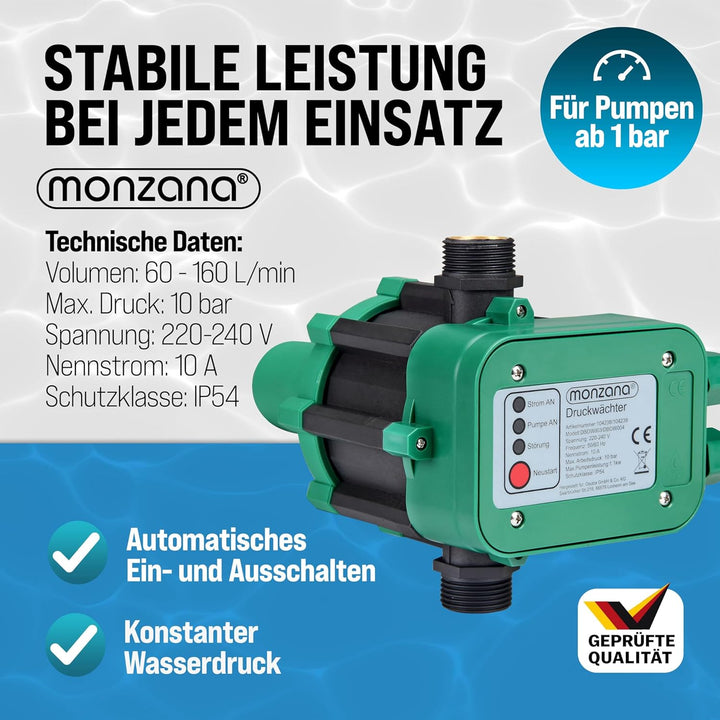 MONZANA® Druckwächter Druckschalter mit Kabel 10 Bar Gartenbewässerung Pumpensteuerung Hauswasserwer