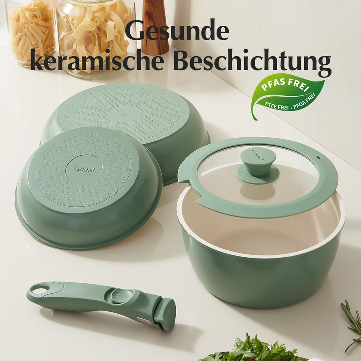 Redchef Keramik Pfannenset mit Abnehmbarem Griff, 5-tlg. Töpfe Abnehmbarer Griff Induktion, Platzspa