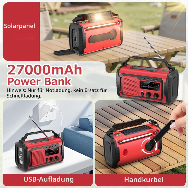 Kurbelradio 27000mAh Notfallradio mit Solar &amp; Handkurbel, AM/FM Emergency Radio mit SOS Alarm, Bluet