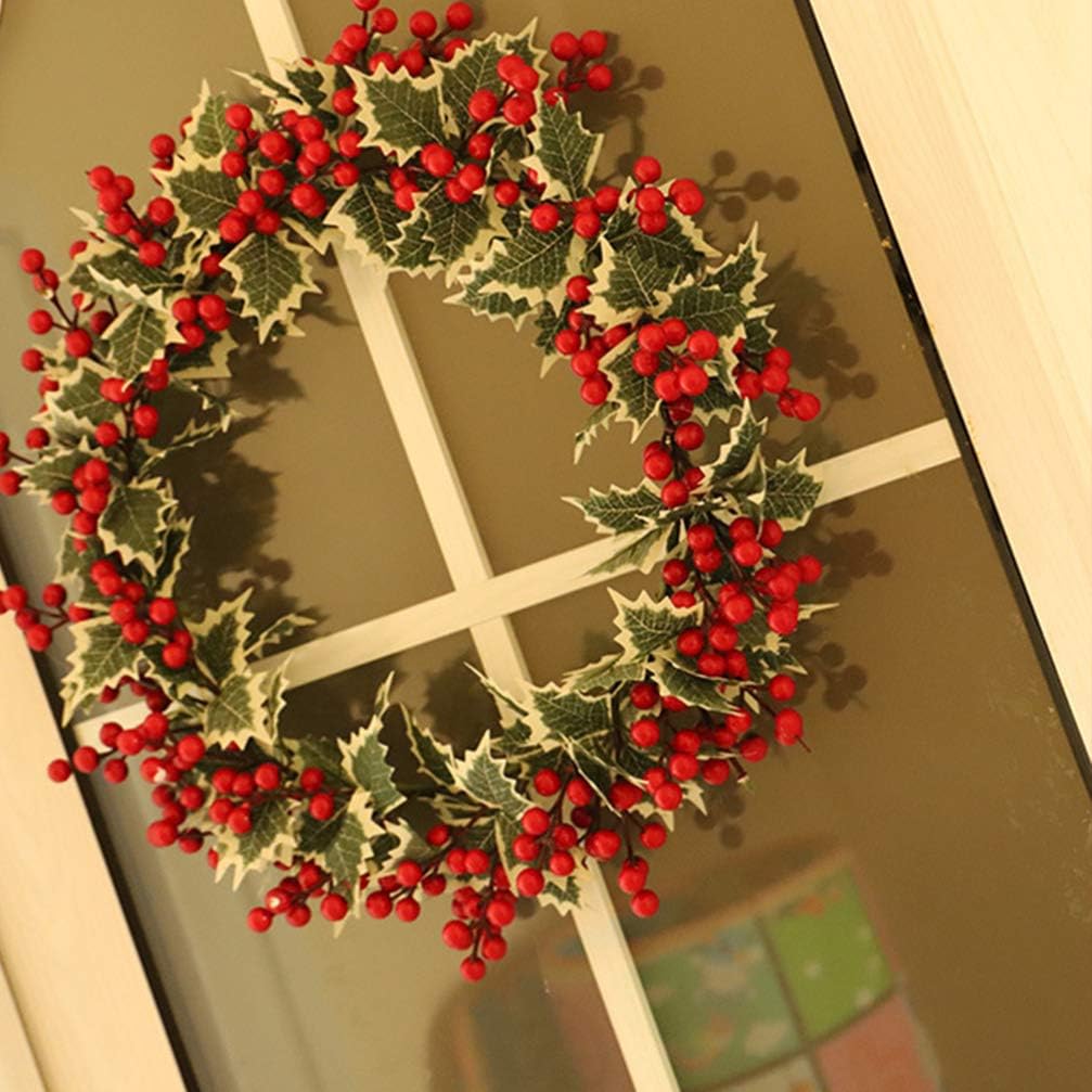 BESPORTBLE Weihnachtskranz Rote Beere künstliche Beere Holly Berry grüne Blätter Türkranz Wandkranz