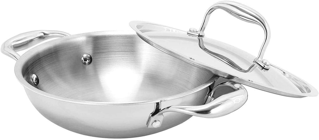 Vinod 3-lagiger antihaftbeschichteter Induktionsherd Wok mit Deckel - Rührpfanne aus Edelstahl Kadai