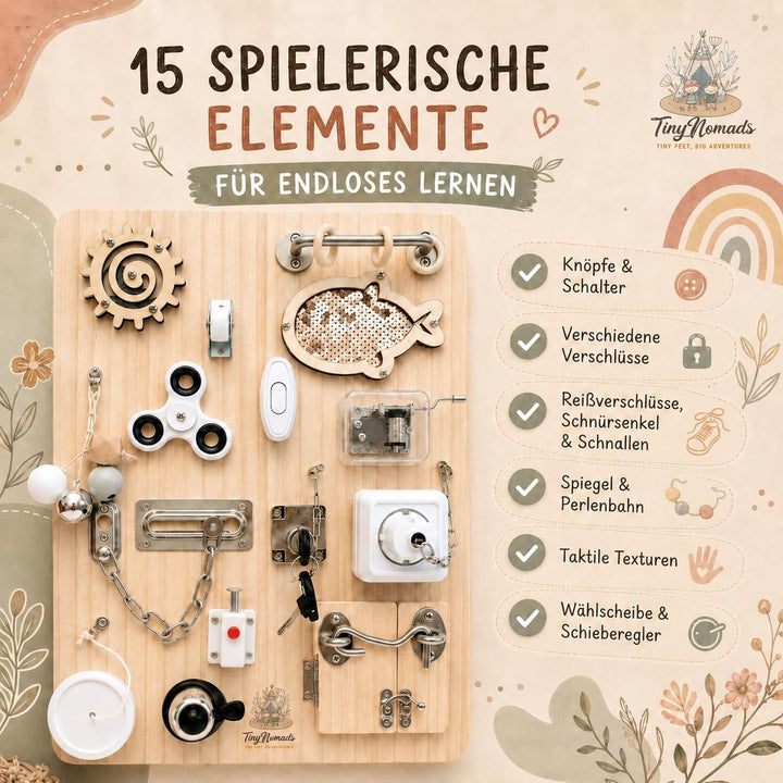 Tiny Nomads Montessori Busy Board motorikbrett ab 1 2 3 4 Jahr - Motorikboard für Baby Sensorik Acti