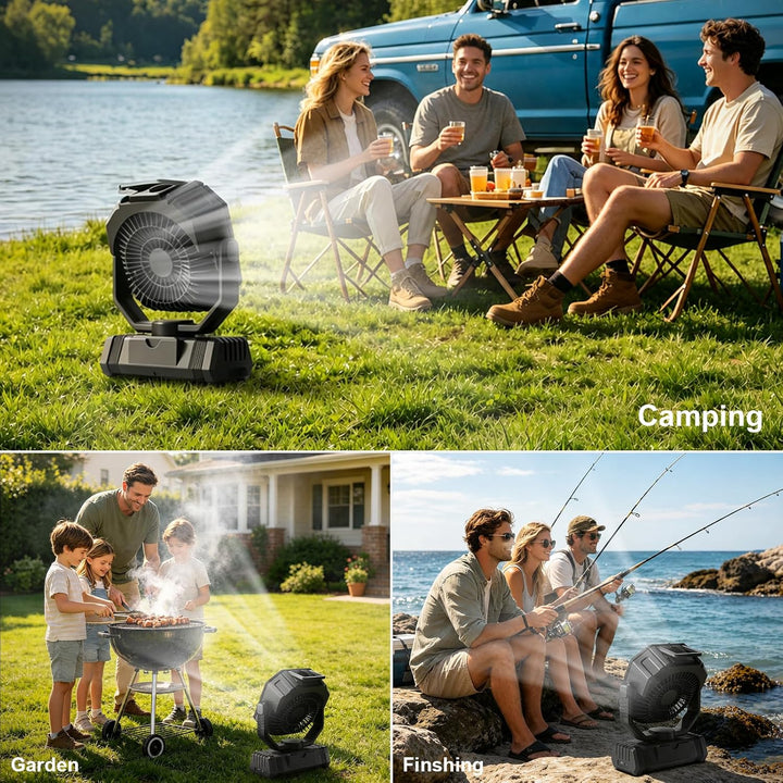 Richday Camping Ventilator mit Wasserkühlung, 20000mAh Akku, 300ml Wassertank, 2 Nebelmodi, 270° dre