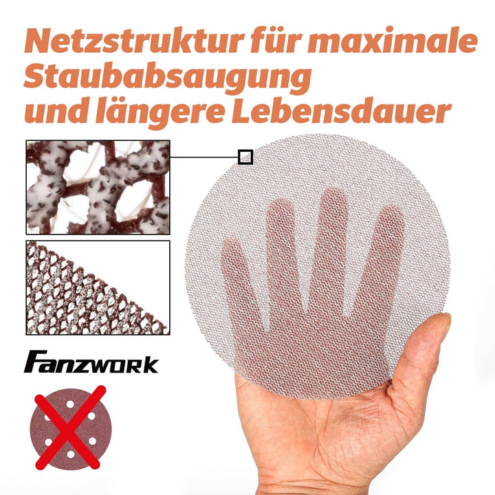 FANZWORK 150 mm Netz-Schleifgitter Klett für Exzenterschleifer, Korn P80 (15 Stück), P120 (15 Stück)