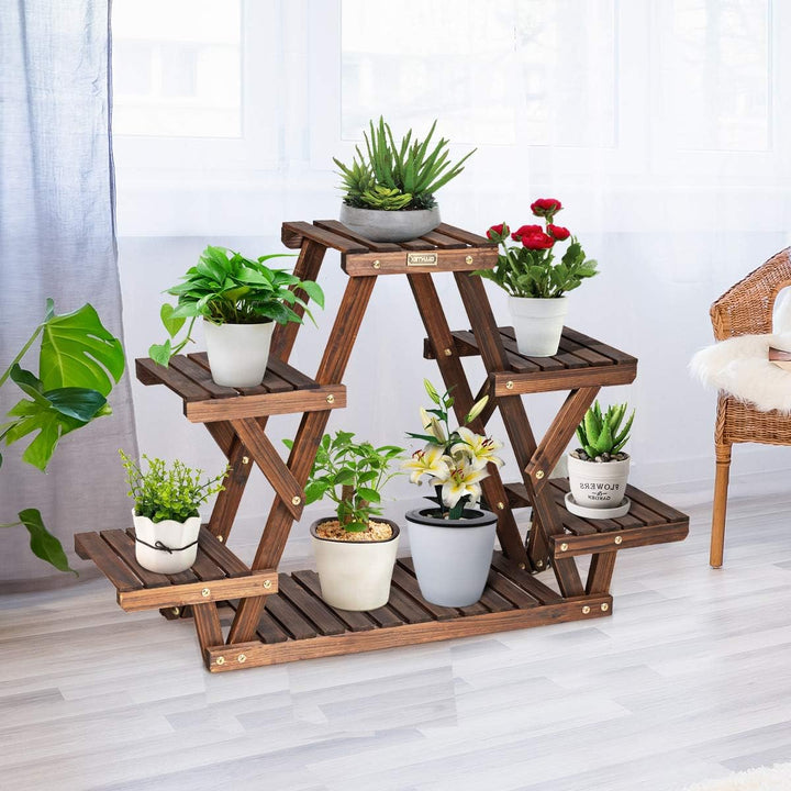 GOPLUS 6 Ebenen Blumenregal, Pflanzenregal, Blumentreppe Holz für Garten & Balkon, 99x25x64cm
