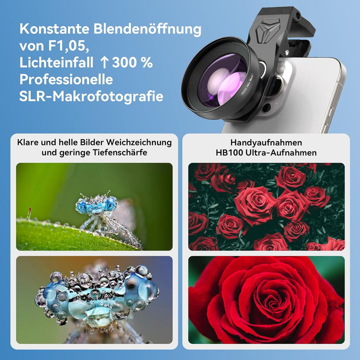 APEXEL HB100 Ultra HD Handy Makroobjektiv mit 52 mm CPL & Sternfilter, F1.05-Blende & AF-Beschichtun