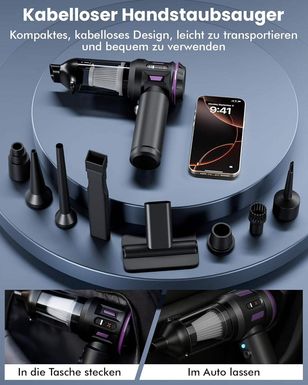 Handstaubsauger, Akku für Handstaubsauger mit Digitalanzeige und LED-Beleuchtung, 21000 Pa bürstenlo