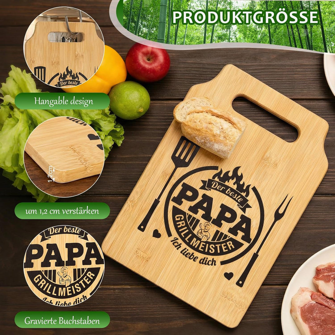 Papa Geschenk Set - Graviertes Bambus Schneidebrett Mit Personalisiertes Schürze und 3 Holzlöffel, B