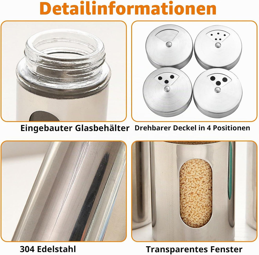 12Pcs Edelstahl Gewürzstreuer mit Deckel &amp; Sichtfenster, 100ml 3-Fach Streuregulierung Gewürzgläser