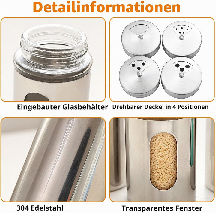 12Pcs Edelstahl Gewürzstreuer mit Deckel &amp; Sichtfenster, 100ml 3-Fach Streuregulierung Gewürzgläser