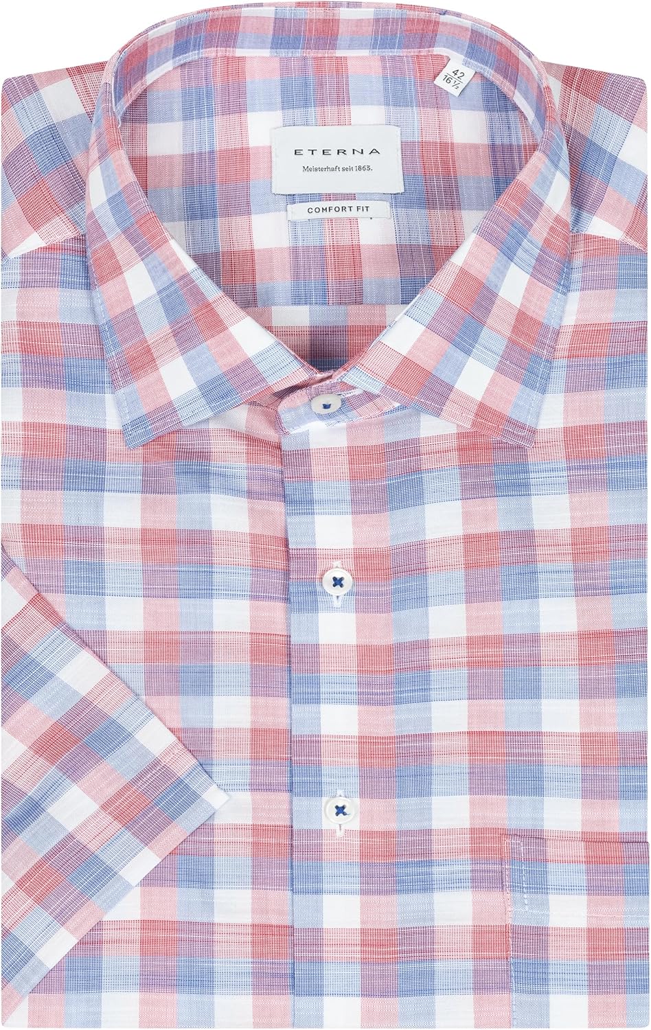 ETERNA Herren Businesshemd Kurzarm Comfort FIT | Uni | Bügelfrei | Kent Kragen 42 Rot-blau (50), 42