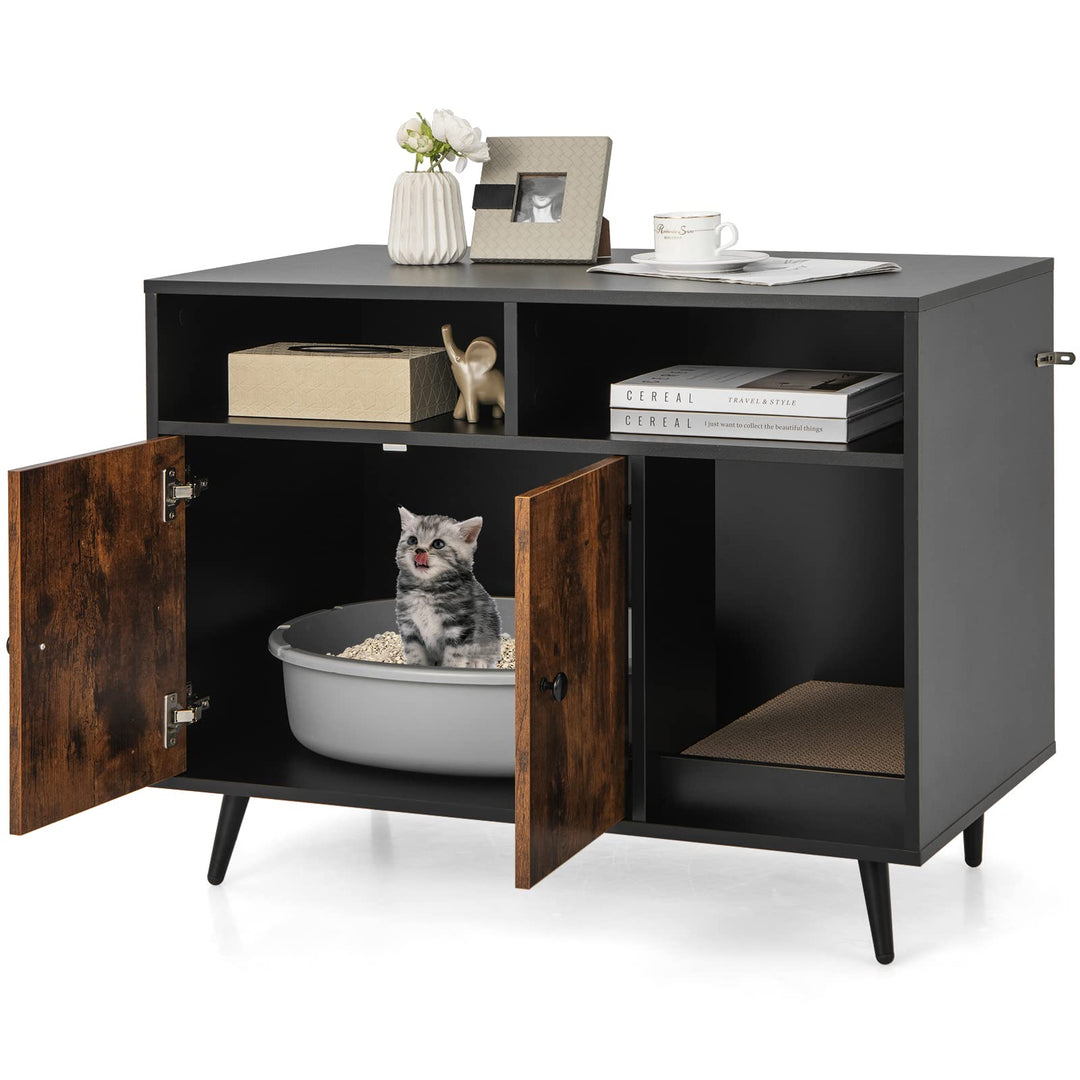 COSTWAY Katzenschrank für Katzentoilette, Katzenklo Schrank mit Kratzbrett, Doppeltüren, 2 offenen F