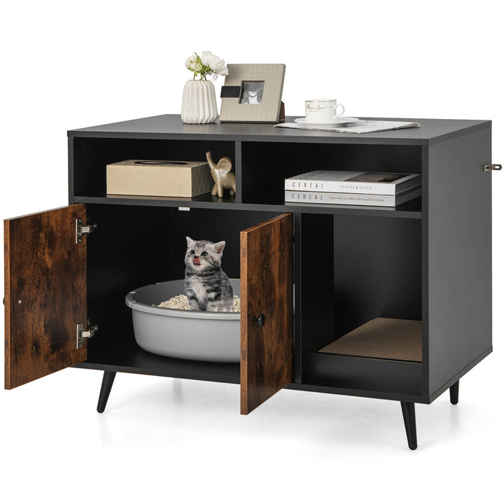 COSTWAY Katzenschrank für Katzentoilette, Katzenklo Schrank mit Kratzbrett, Doppeltüren, 2 offenen F