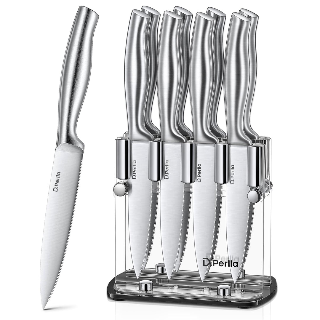 D.Perlla Steakmesser, Steakmesser Set 9-teilig，Scharfes Steakmesserset mit ergonomischem Griff, 8 St