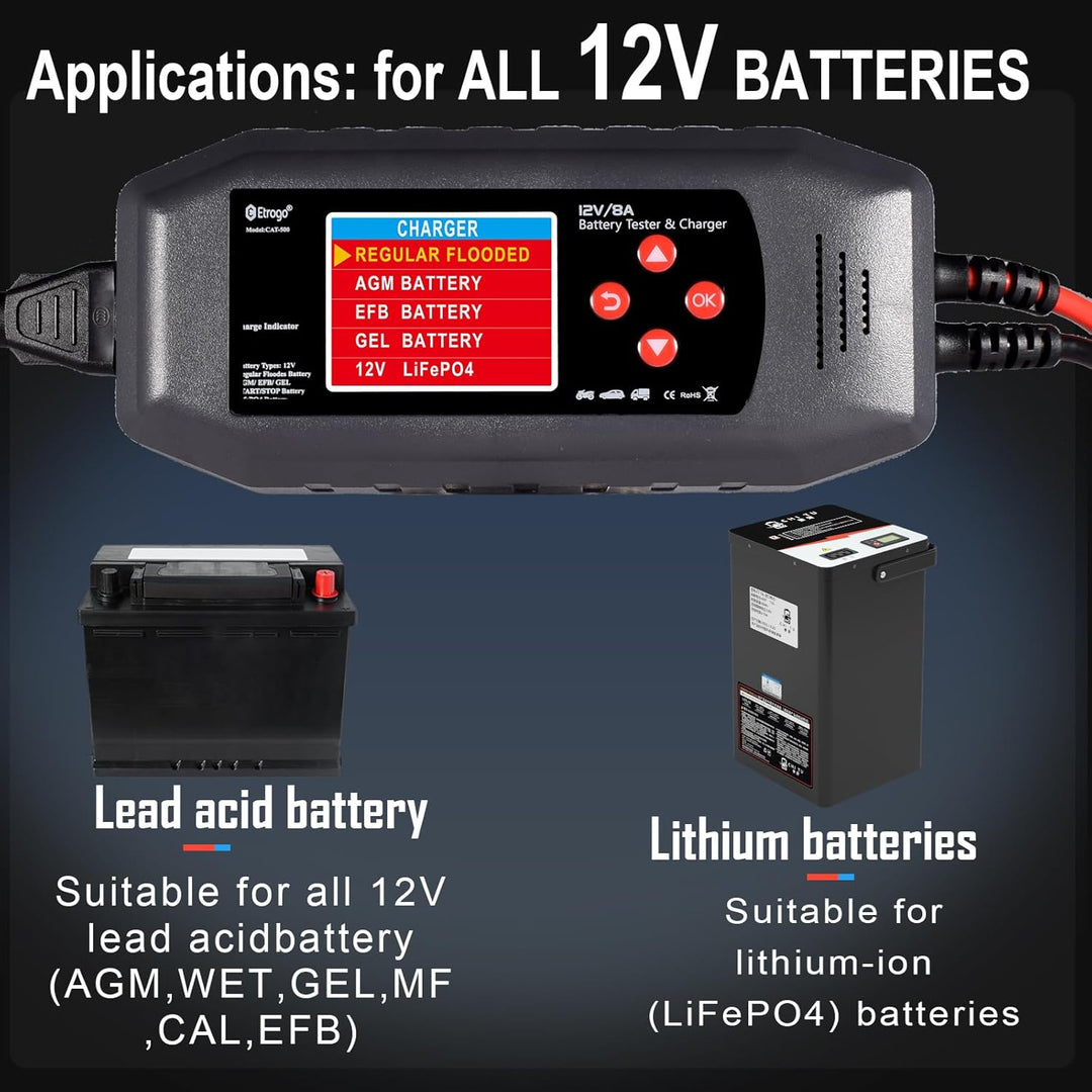 Smart Auto Batterie Ladegerät 12V 8A und Auto Batterie Tester,Multi-Languga Schnittstelle,Multi-Funk