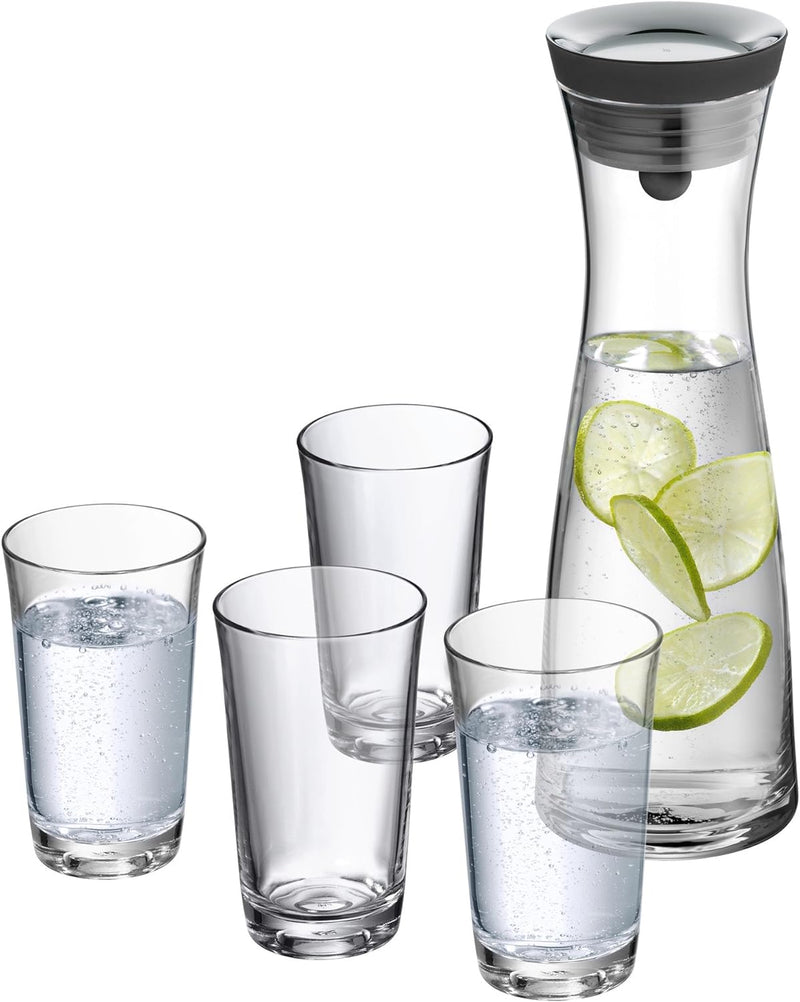 WMF Basic Wasserkaraffe-Set 5-teilig, Karaffe 1l mit 4 Wassergläser 250ml, Glaskaraffe mit Deckel, S