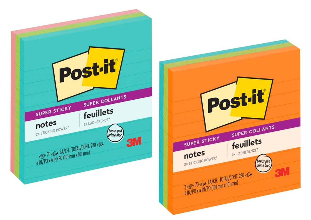 Post-it Super Haftnotizen, 10,2 x 10,2 cm, 3 Blöcke, 2 x Haftkraft, verschiedene helle Farben, linie