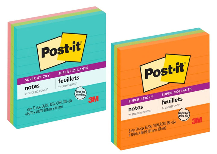 Post-it Super Haftnotizen, 10,2 x 10,2 cm, 3 Blöcke, 2 x Haftkraft, verschiedene helle Farben, linie