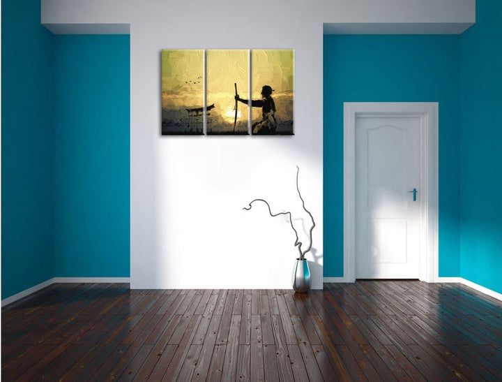 Pixxprint Samurai-Meister vor Horizont als Leinwandbild/Grösse: 3 Teilig (120x80 cm) cm/Wandbild/Kun