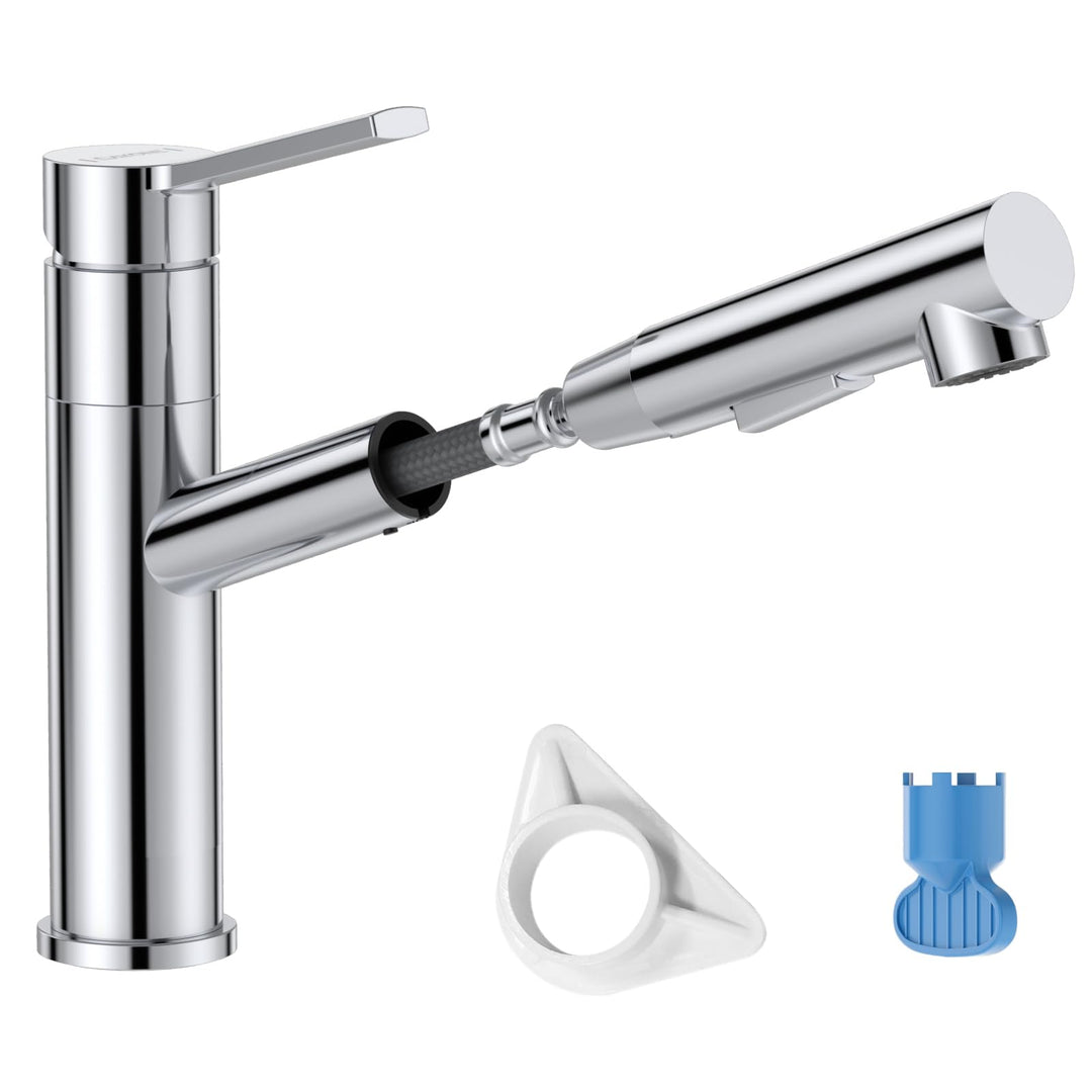 DAYONE Chrom Wasserhahn Küche, SUS304 Edelstahl Küchenarmatur mit Ausziehbarer Brause, 2 Strahlarten