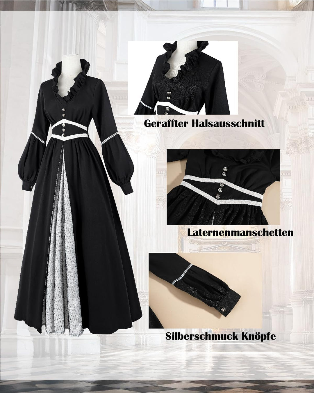 CR ROLECOS Mittelalter Kleid Damen Gothic Viktorianisches Kleid Schwarz Maxikleid Langarm Renaissanc