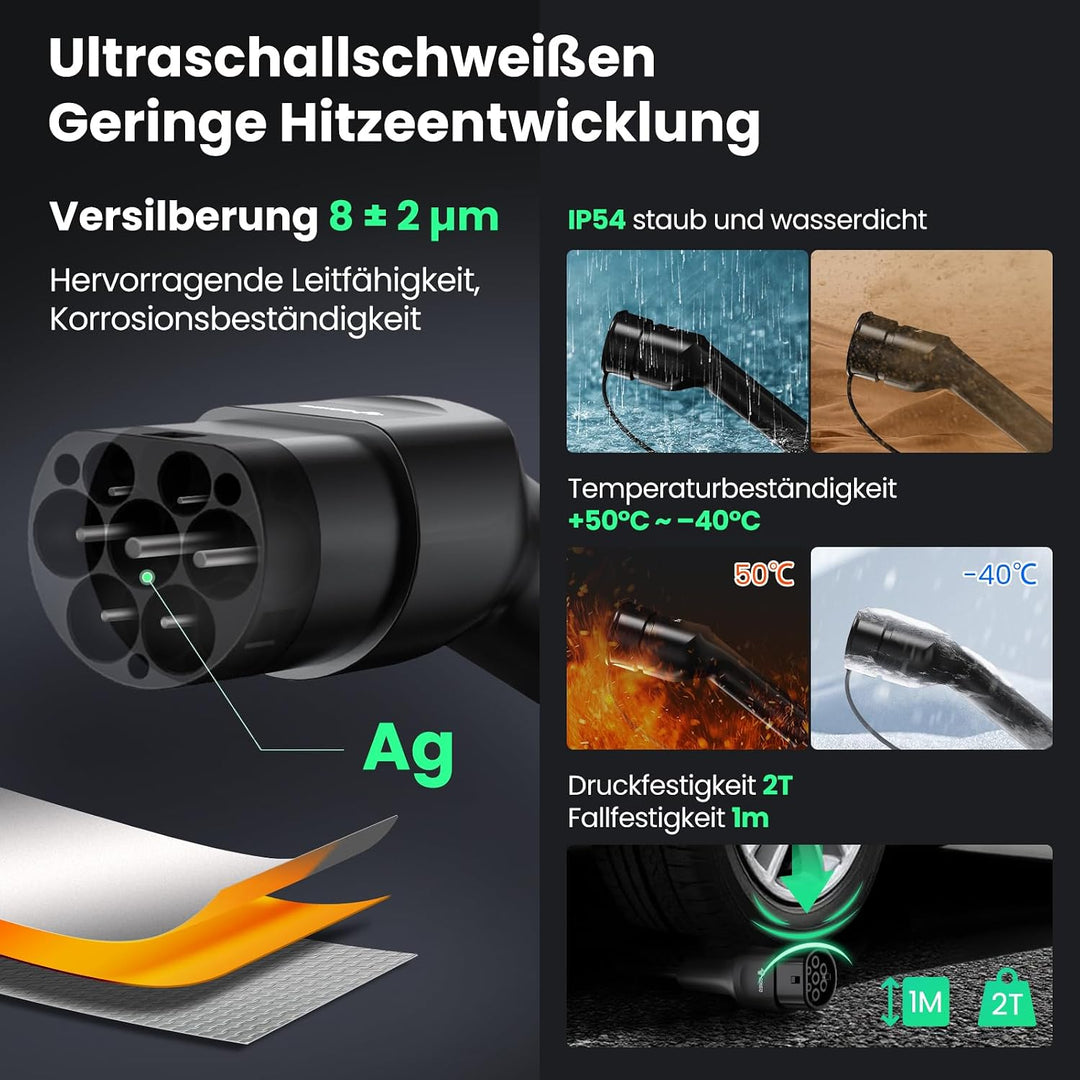 GONEO Typ 2 Ladekabel 22kW 10M 32A Ladekabel Elektroauto 3 Phasig Mode 3 für E Auto EV/PHEV Typ 2 au