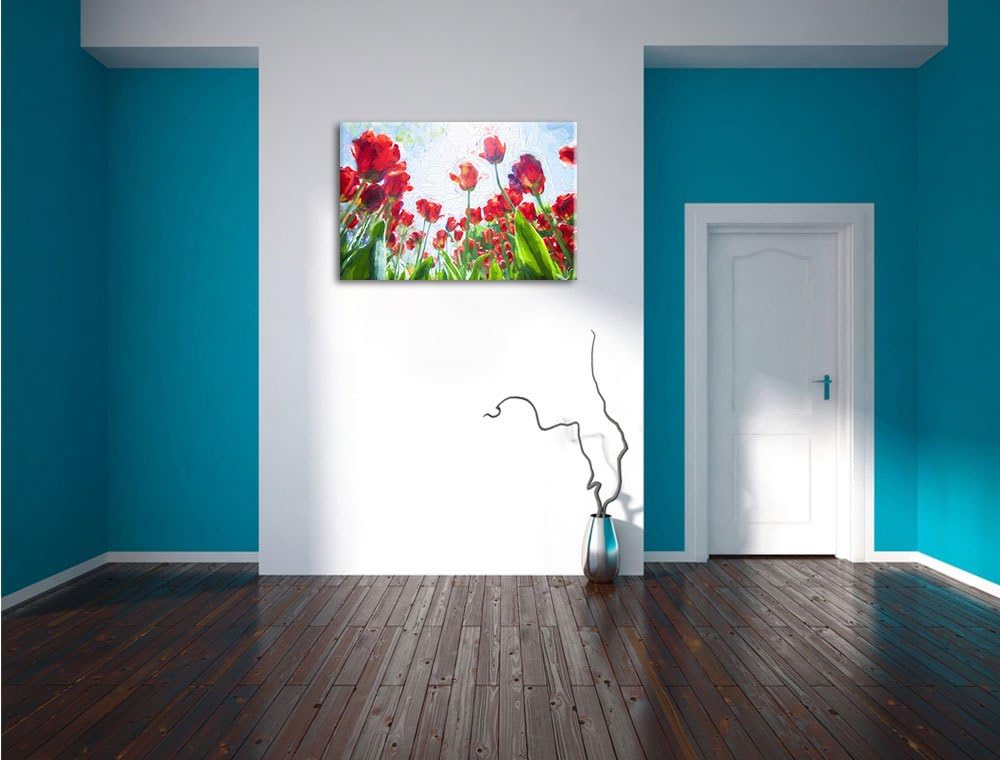 Tulpenfeld Pinsel Effekt, Format: 100x70 auf Leinwand, XXL riesige Bilder fertig gerahmt mit Keilrah